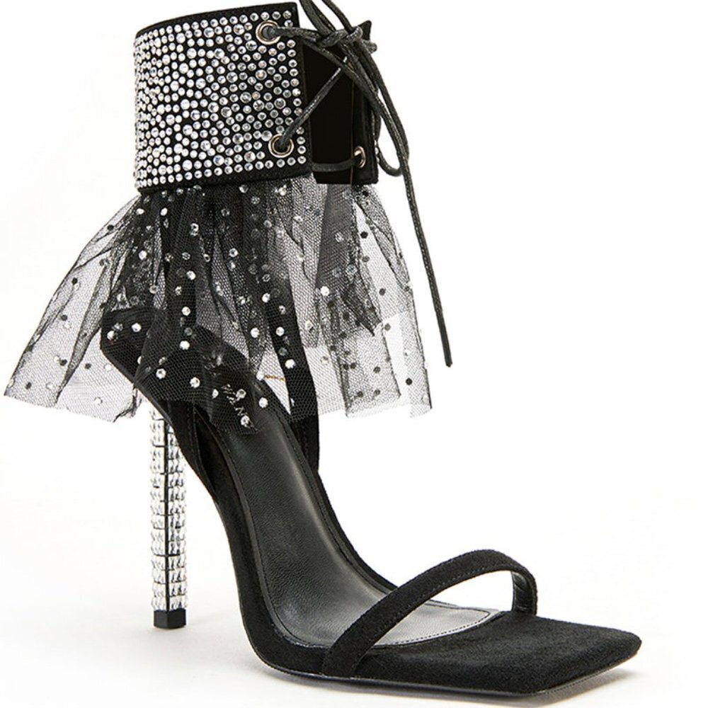 AZALEA WANG  " THE WHISTLE  BELL BLACK TIE " CRYSTAL STILETTO SANDAL(BRAND NEW !